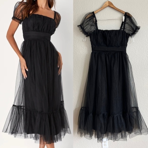 Lulus Dresses & Skirts - NWOT Flawless Aura Black Tulle Puff Sleeve Ruffled Midi Dress